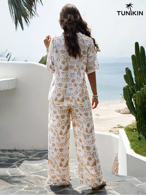 Conjunto Feminino Bege Tropical – Camisa e Calça Pantalona em viscolinho