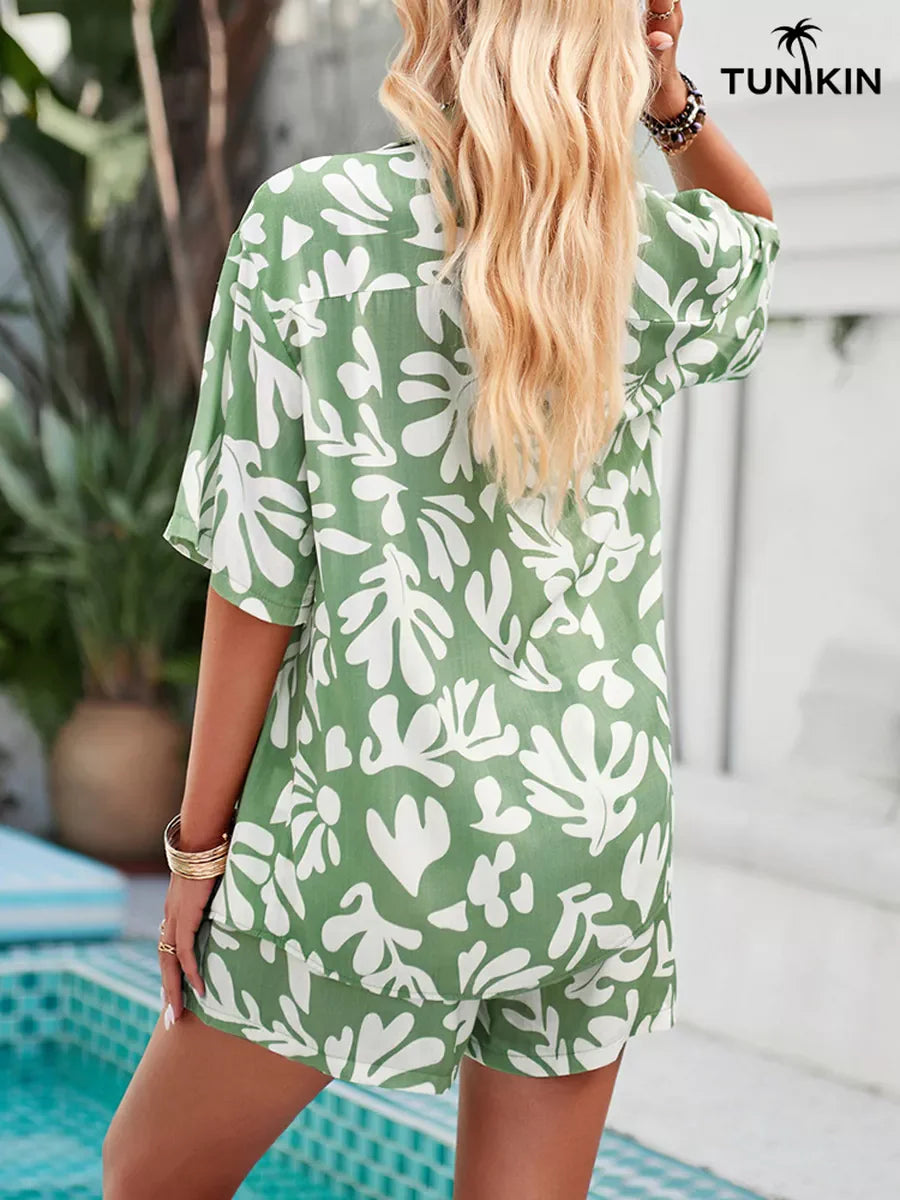 Conjunto Feminino Verde Tropical – Camisa e Shorts em Viscolinho