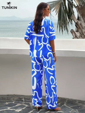 Conjunto Feminino Azul Tropical – Camisa e Calça Pantalona em viscolinho