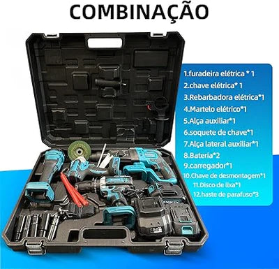 Kit de ferramentas 4 em 1 Furadeira, Chave de fenda/Chave de impacto/Amolador/Martelo 2 baterias de 68 V Caixa