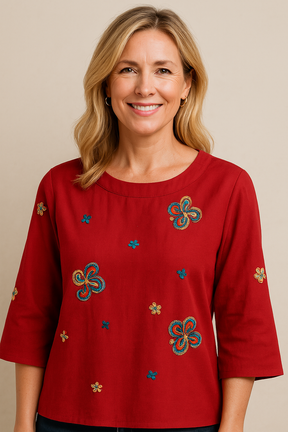 Blusa Solta Bordada Vermelha