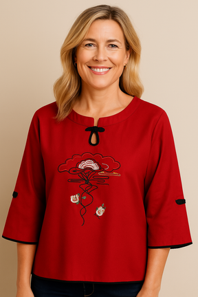 Blusa Solta Bordada Cerejeira Vermelha