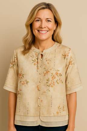 Blusa Linho Floral Vintage Bege