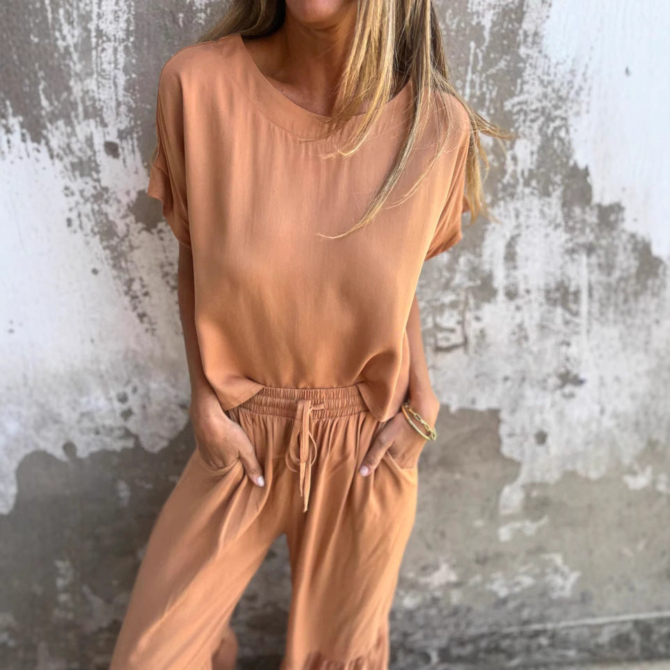 Conjunto Feminino Casual Chic – Blusa Solta e Calça Pantalona com Babado