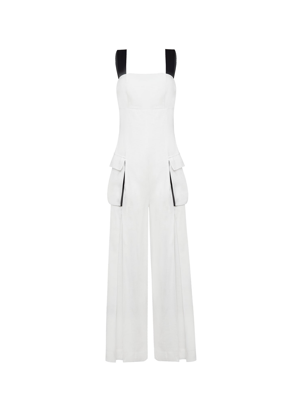 Macacão Elegance Duo: Branco Minimalista com Alças Pretas e Bolsos Cargo