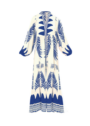 Vestido Longo Serenity Azul e Branco com Manga Ampla