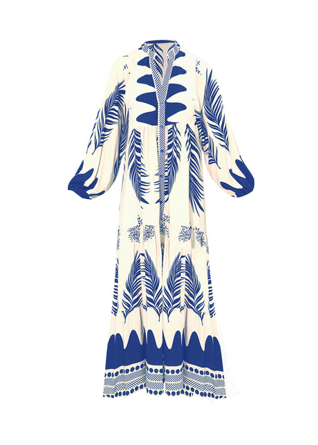 Vestido Longo Serenity Azul e Branco com Manga Ampla