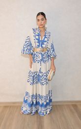 Vestido Longo Serenity Azul e Branco com Manga Ampla