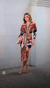 Vestido Helena – Midi Estampado Étnico em Tons Terrosos