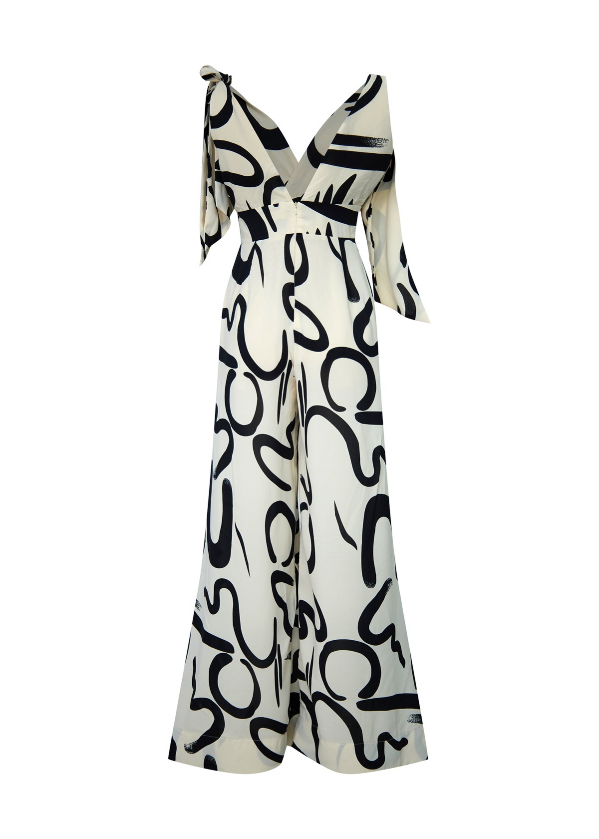 Macacão Maya – Pantalona com Estampa Abstrata P&B e Mangas Vazadas