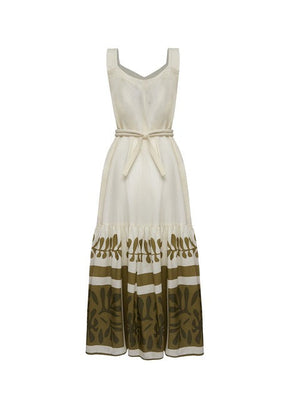 Vestido Longo Linho Off-White com Estampa Verde